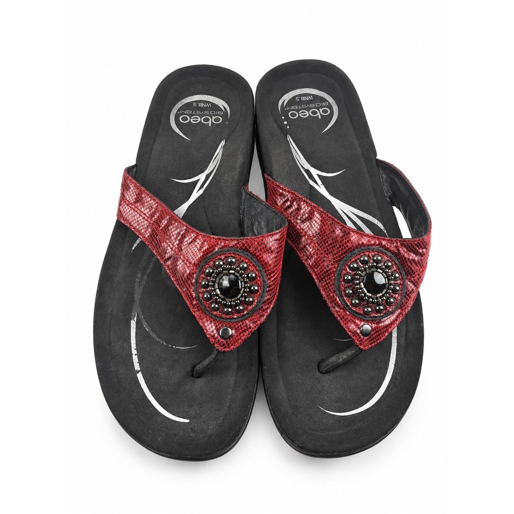 Abeo Red Snakeskin Beaded Medallion Orthotic Flip Flip Sandals Women's Size 8.5